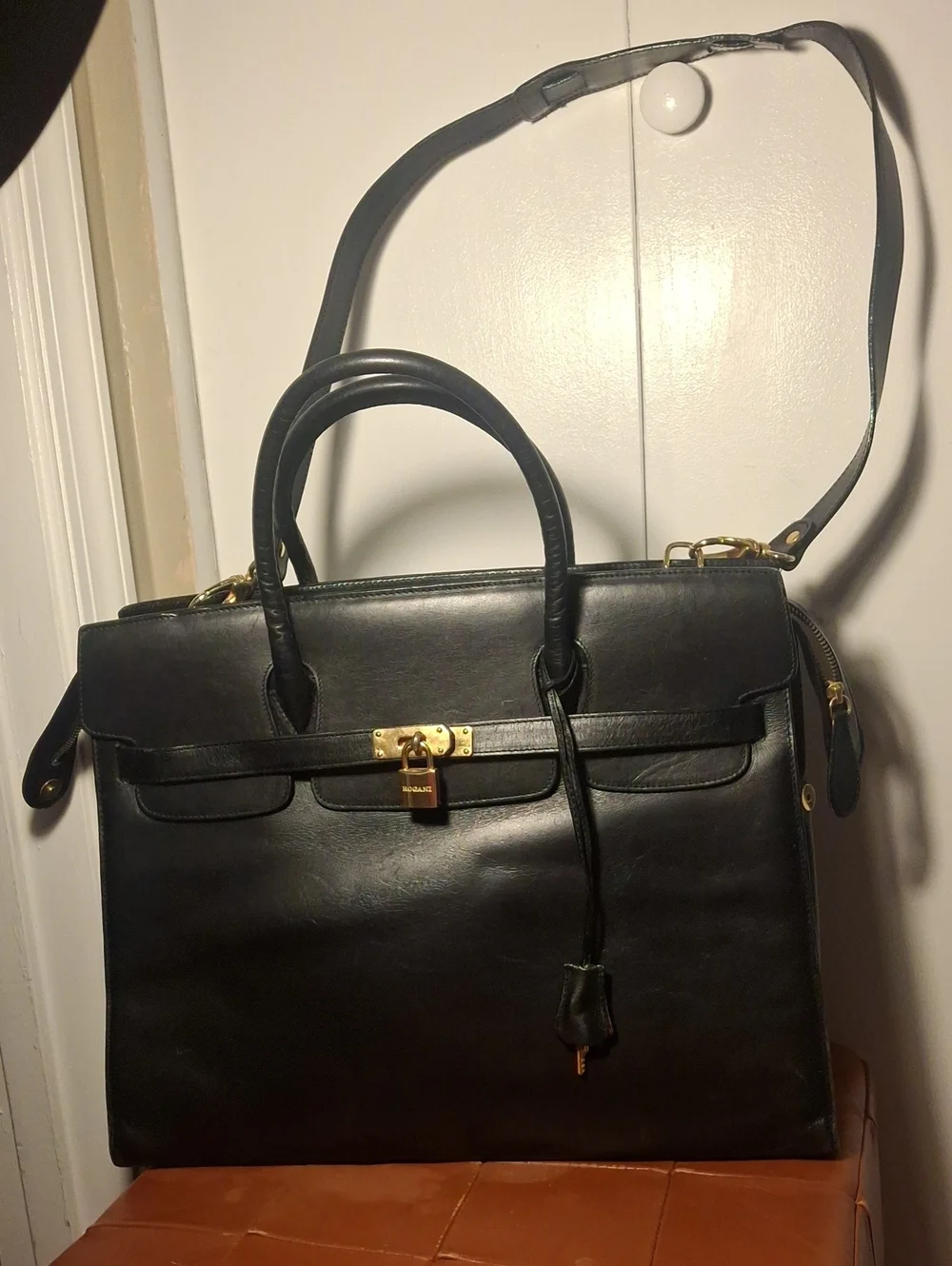 Black Leather Briefcase with Top Handle and Shoulder Strap